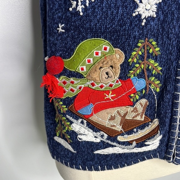 Kikit Teddy Bear cute navy blue Christmas Sweater Vest Holiday Cardigan large - Picture 7 of 11
